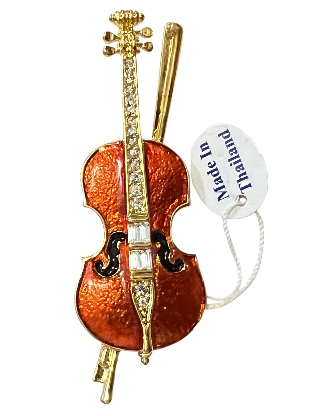 Violin Cello Shaped Enamel Metal Gold Tone Pin Brooch with rhinestones